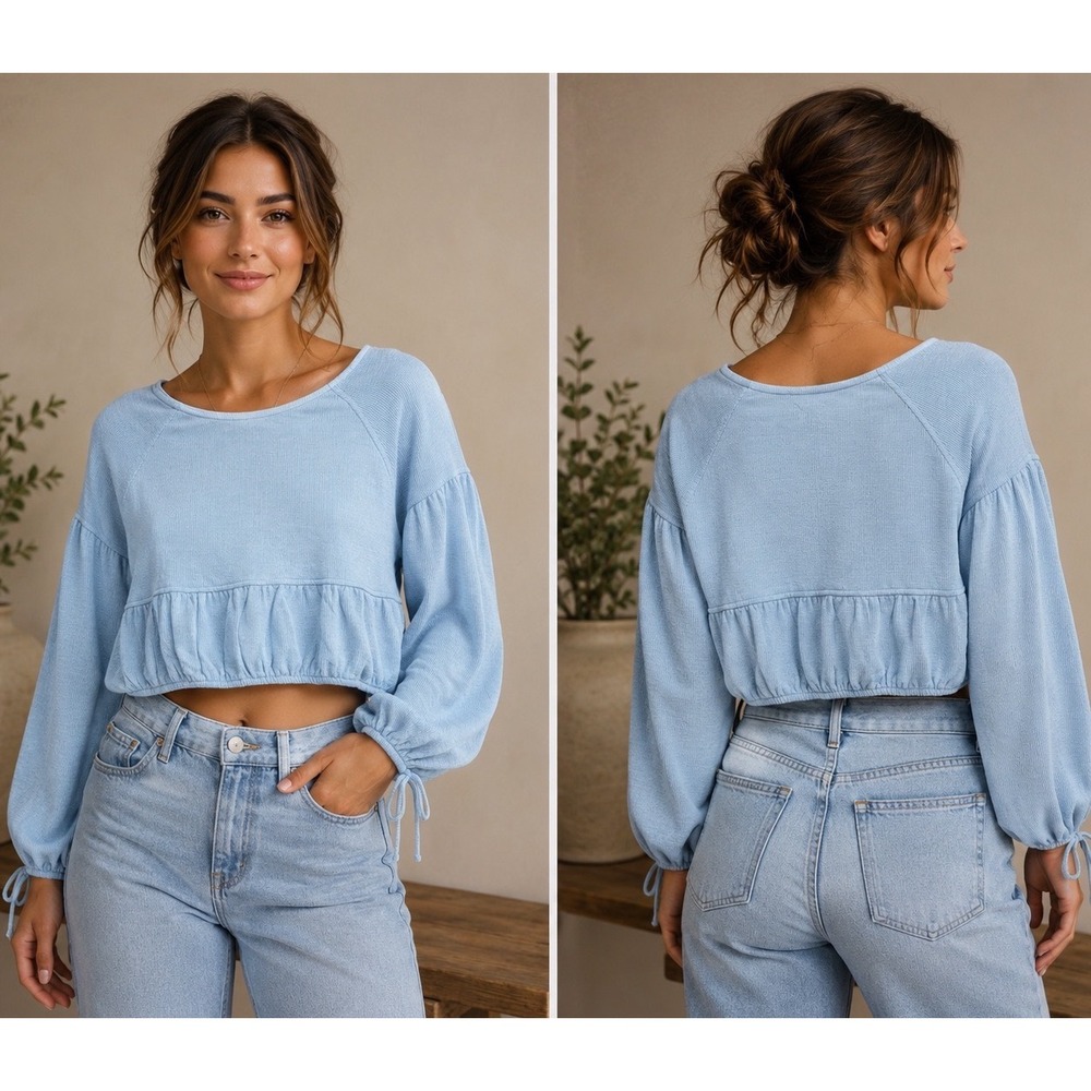 Aerie Baby Blue Knit Cropped Gathered Peplum Top Balloon Sleeves Tie Cuff XS